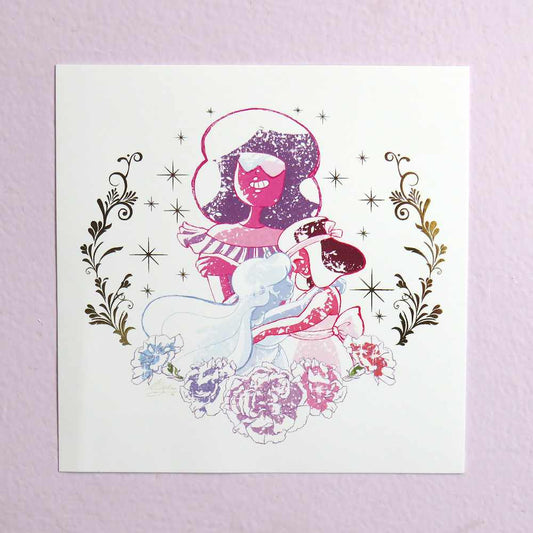 Premium small art print of Garnet, Ruby, and Sapphire from "Steven Universe" with gold foil accents